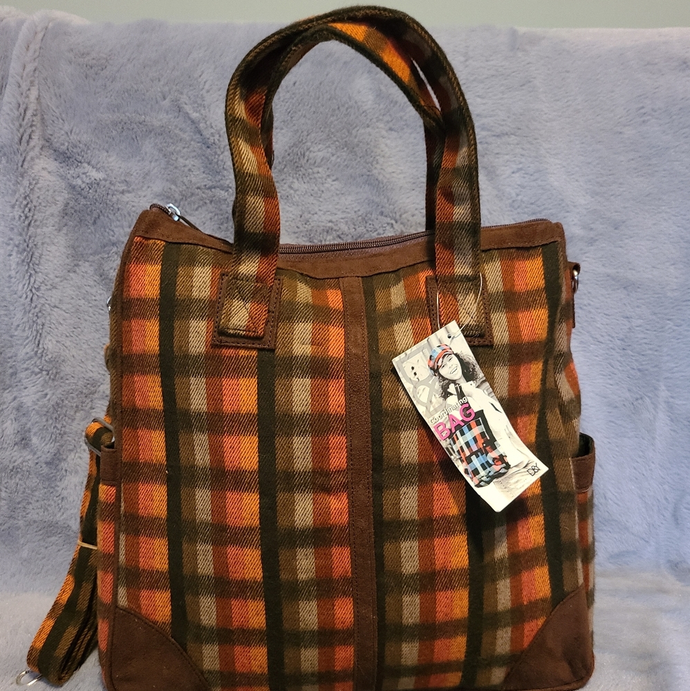 NWT D&Y Orange and Brown Plaid Flannel Tote Bag with Crossbody Strap | Retro 70s